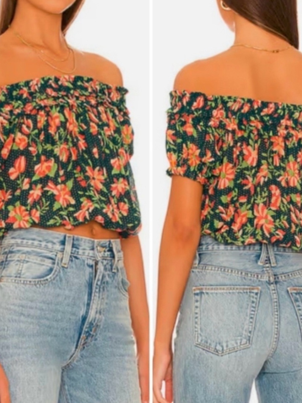 Free People Off-Shoulder Floral Smocked Crop Top - Medium